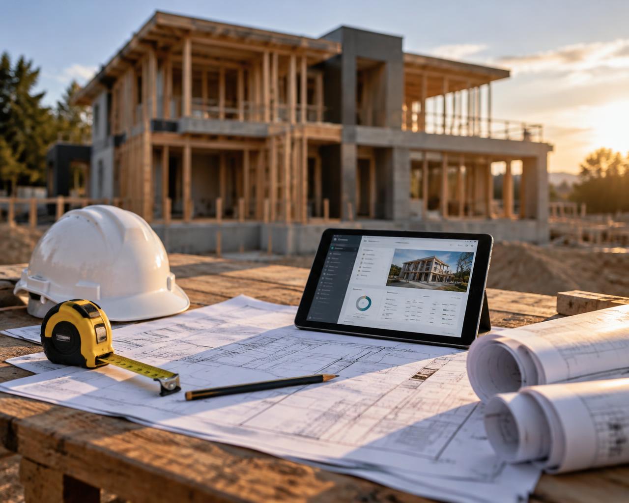 Construction blueprints, hard hat, tape measure and a tablet on a jobsite table in front of a home under construction